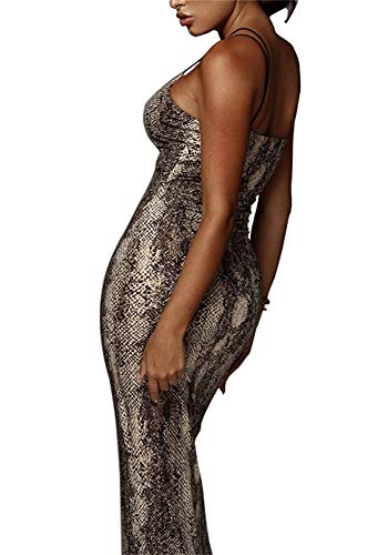 PRIMODA Women's Sexy Neon Asymmetrical Spaghetti Strap Dress Deep V-Neck Sleeveless Bodycon Midi Club Dress (Snake M) - Image 2