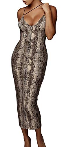 PRIMODA Women's Sexy Neon Asymmetrical Spaghetti Strap Dress Deep V-Neck Sleeveless Bodycon Midi Club Dress (Snake M) - Image 3