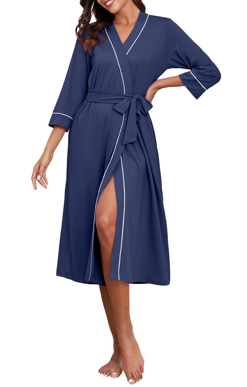 PrinStory Womens Robe Long Kint Bathrobe Lightweight Soft Robes Ladies Bath Robe Navy Blue-2XL - Image 2