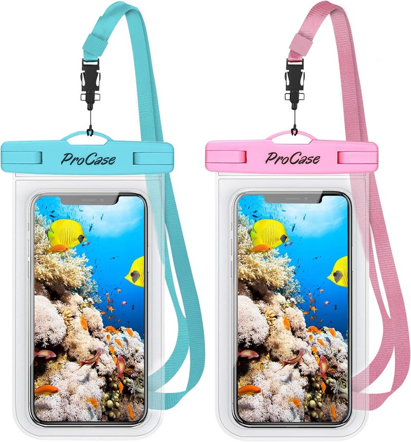 Procase 2 Pack Waterproof Phone Pouch Case, 7" Universal Underwater Cellphone Dry Bag for iPhone 17 Air 16 15 14 13 Pro Plus Max 12 11, Galaxy S24 S23 S22 Ultra Pixel -Blue/Pink - Image 1