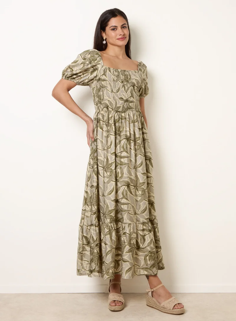 Blue Vanilla Large Floral Printed Square Neck Puff Sleeve Dress
