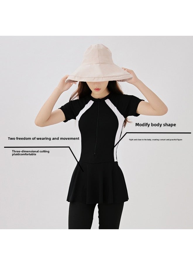 Generic - Full-body Long-sleeved Sunscreen Swimsuit Conservative Skirt One-piece Long-sleeved Trousers Sports Swimsuit Women's Diving Suit-Color:5545 Short-sleeved Split (shorts)-Size:L (44.50 Kg-48.00 Kg - Image 1