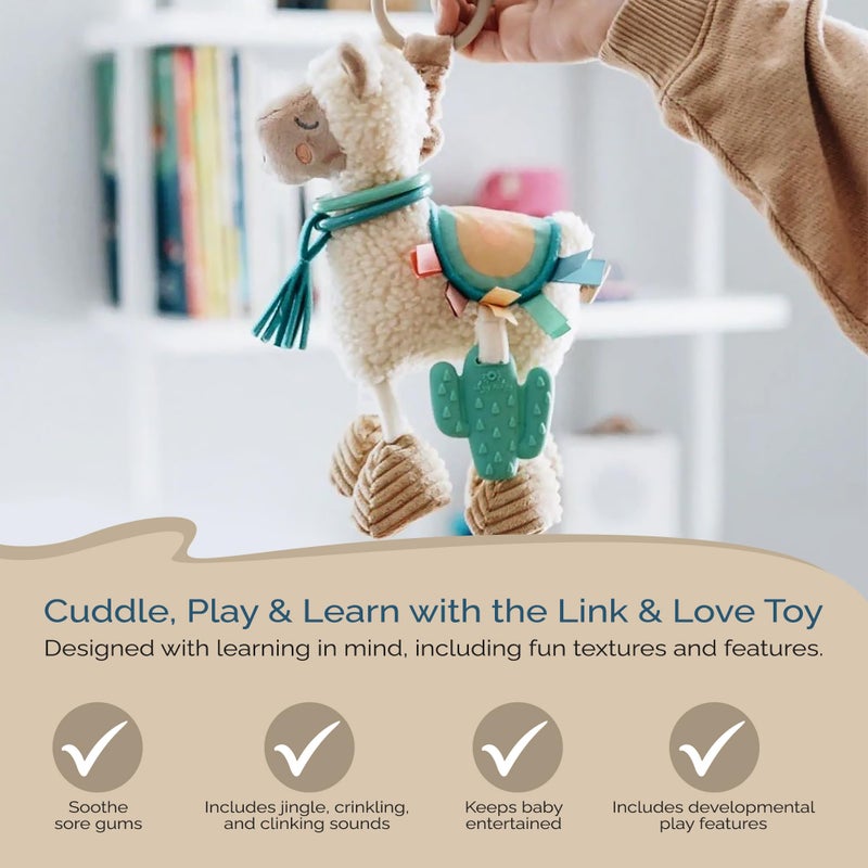 Itzy Ritzy Link & Love Toy for Stroller or Car Seat; Features Textured Ribbons, Crinkle Sounds, Clinking Rings & Silicone Teether; Designed For Ages 0 Months and Up (Llama) - Image 3