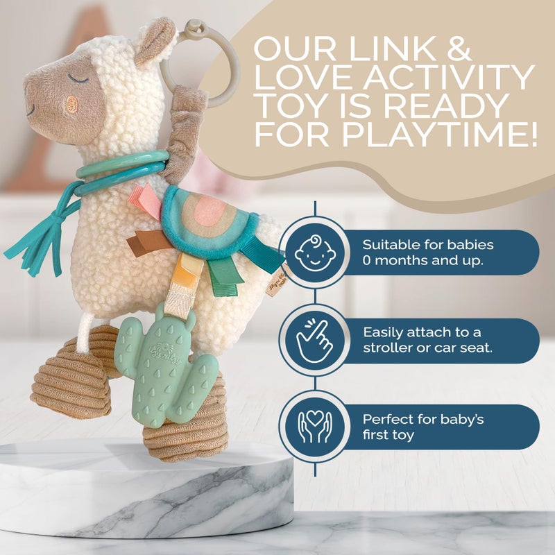 Itzy Ritzy Link & Love Toy for Stroller or Car Seat; Features Textured Ribbons, Crinkle Sounds, Clinking Rings & Silicone Teether; Designed For Ages 0 Months and Up (Llama) - Image 4