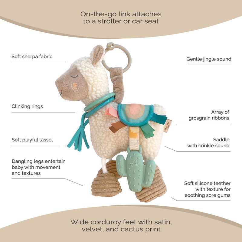 Itzy Ritzy Link & Love Toy for Stroller or Car Seat; Features Textured Ribbons, Crinkle Sounds, Clinking Rings & Silicone Teether; Designed For Ages 0 Months and Up (Llama) - Image 5