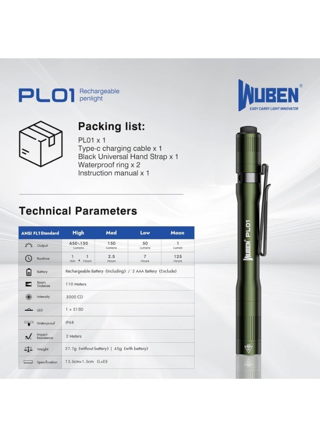 WUBEN PL01 Torch Light, 650 Lumens Pocket EDC Flashlight Rechargeable, Bright LED Pen Flashlight, IP68 Handheld Flash Lights, Compatible 2 AAA Battery for Home, Outdoor, Emergencies, Inspection - Image 2