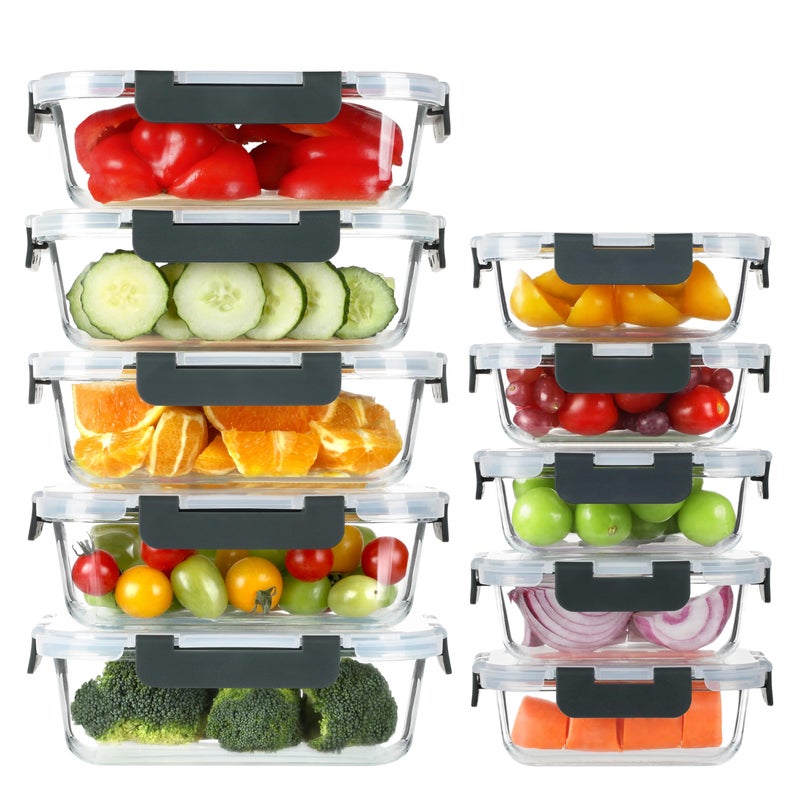BAYZZ 10 Pack Glass Meal Prep Containers, Glass Food Storage Containers with Lids, Airtight Lunch Box, Freezer,Oven,Microwave and Dishwasher Safe - Image 1