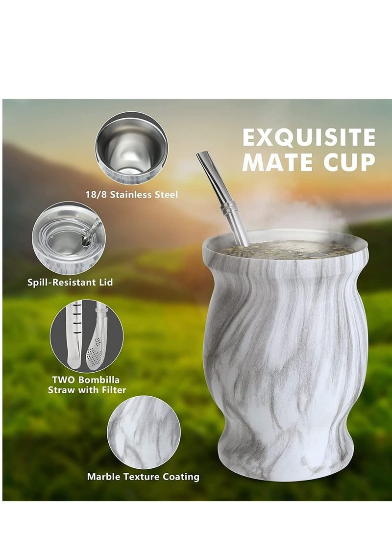 Y&D Yerba Mate Tea Cup 12oz Gourd Marble Color Stainless Steel Double Walled Easy Wash Household Insulation Gourds for Loose Leaf Drinking, Includes Bombilla Straw and Cleaning  - Image 2