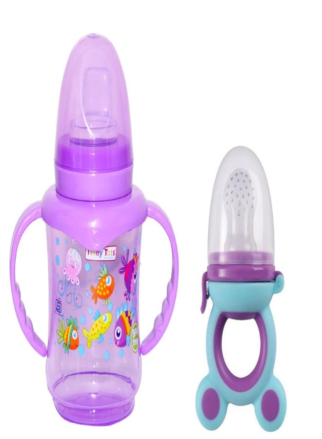 Alya Baby Feeding Sipper Unbreakable Plastic Bottle Cup/Mug Learning Sippy BPA Free with Baby Fruit Silicone Food Teether BPA Free (Purple) - Image 1