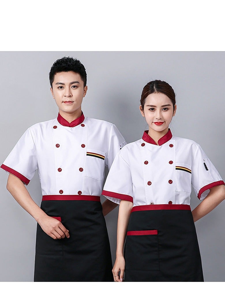 Loquat 1Piece Chef Uniform Short Sleeve Double-Breasted Stand Collar Waiter T-shirt White and Red
