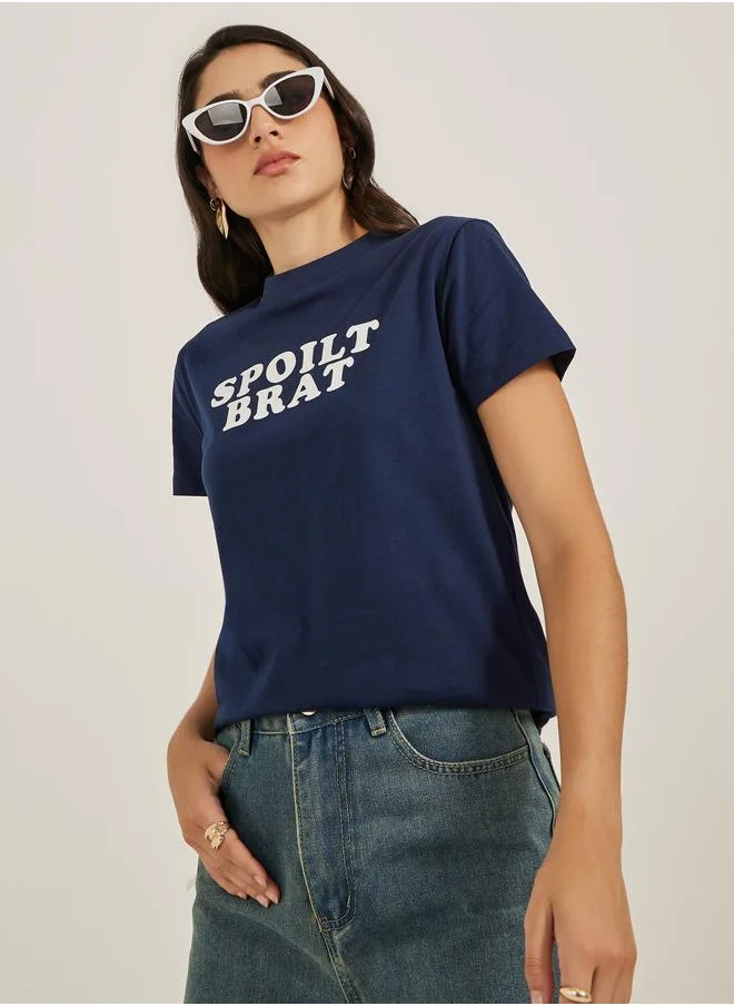 ستايلي Styli Slogan Print Round Neck Regular Fit T-Shirt