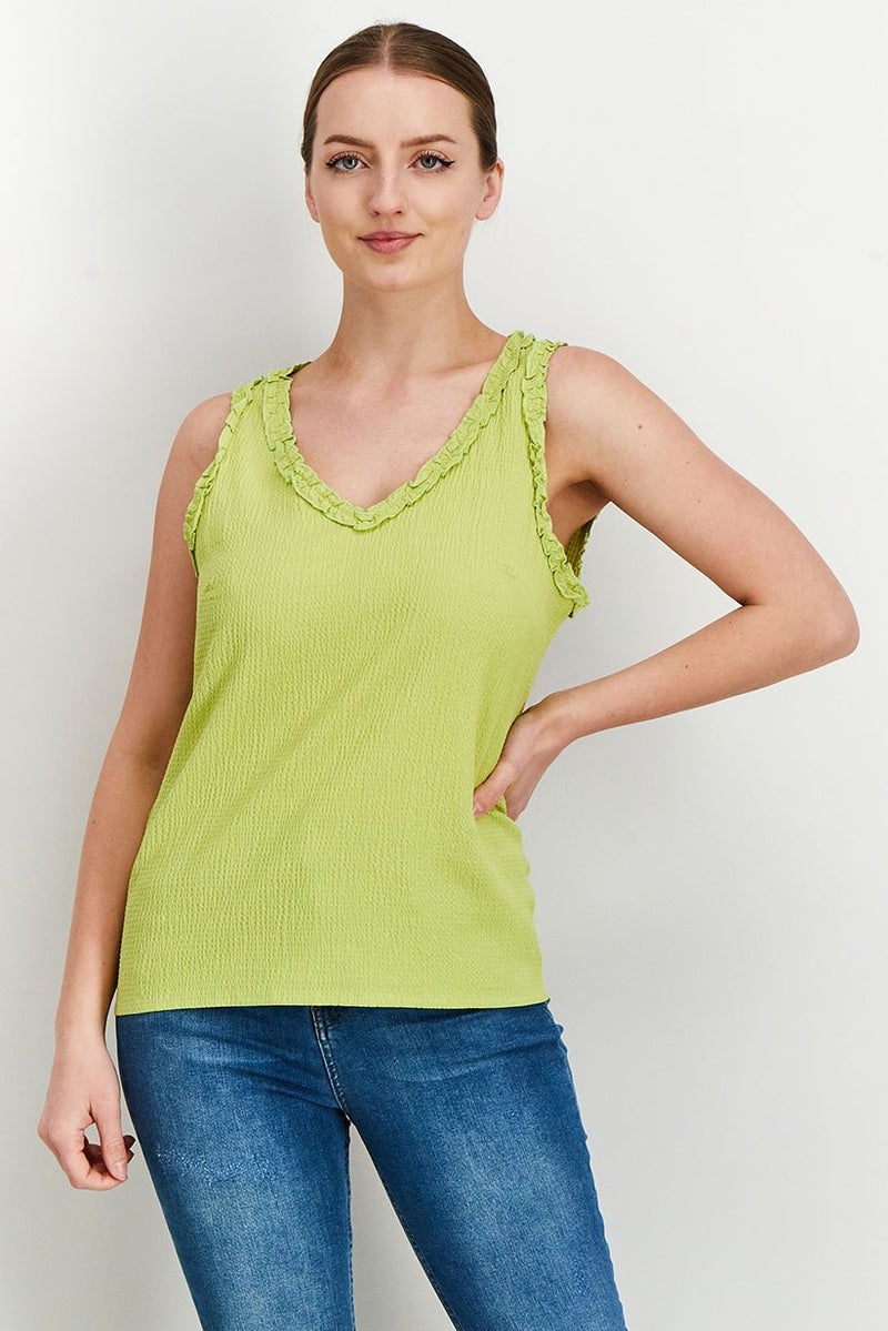 promod Women V-Neck Sleeveless Textured Top, Lime - Image 1