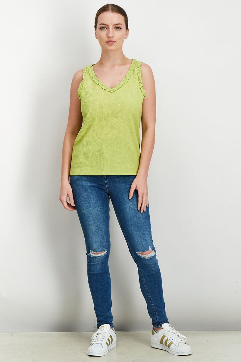 promod Women V-Neck Sleeveless Textured Top, Lime - Image 3