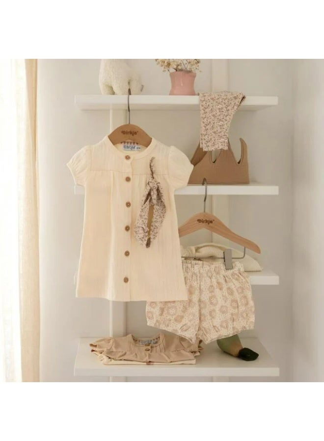 Dirkje Girls Baby Set Dress Legging Hairband Beige Buttons - Image 4