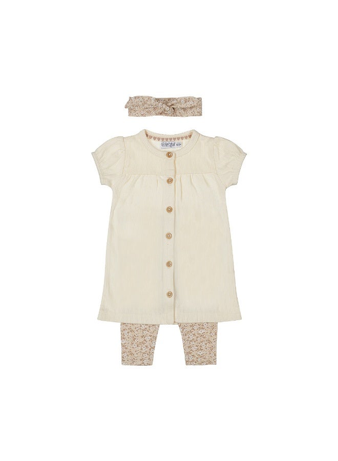 Dirkje Girls Baby Set Dress Legging Hairband Beige Buttons - Image 1