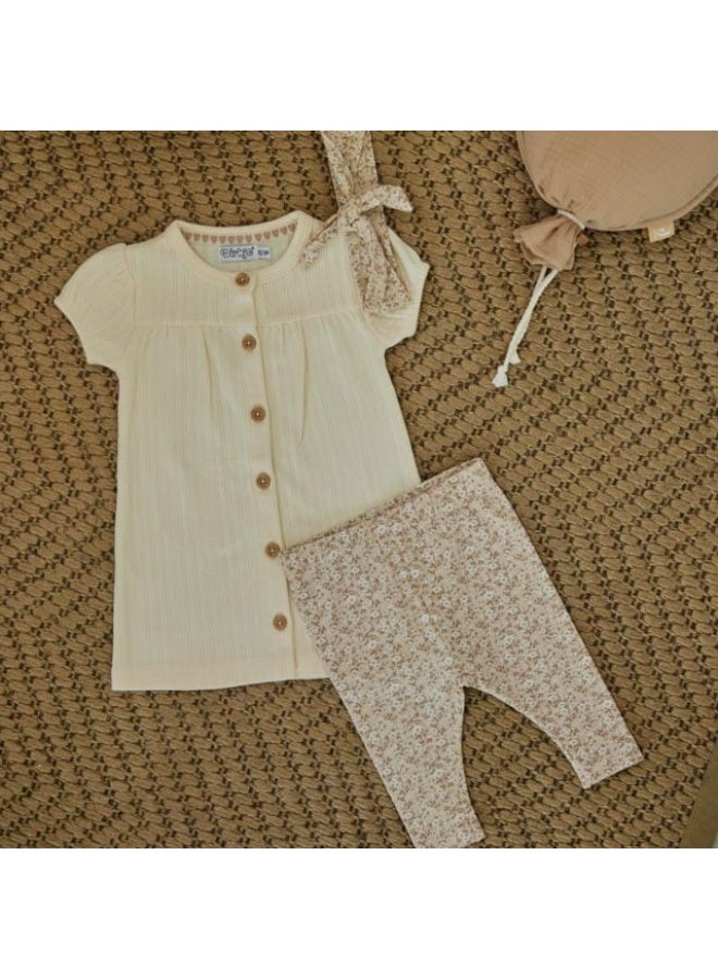 Dirkje Girls Baby Set Dress Legging Hairband Beige Buttons - Image 2