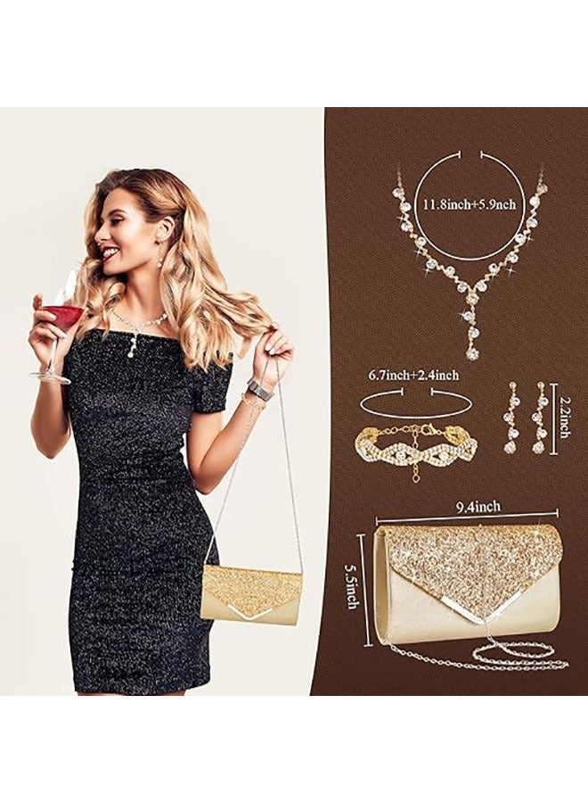 Arabest 5 Pcs Purse Rhinestone Jewelry Set,Rhinestone Clutch Purse Bride Prom Jewelry Necklace Earrings Bracelets for Women,Suitable for Wedding,Party,Anniversary,Gold  - Image 2