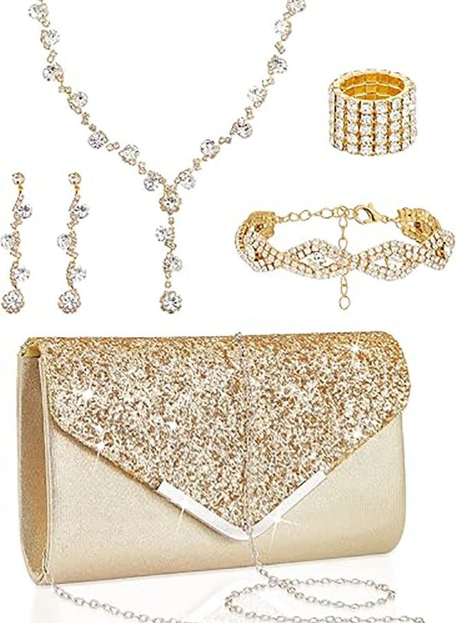 Arabest 5 Pcs Purse Rhinestone Jewelry Set,Rhinestone Clutch Purse Bride Prom Jewelry Necklace Earrings Bracelets for Women,Suitable for Wedding,Party,Anniversary,Gold  - Image 1