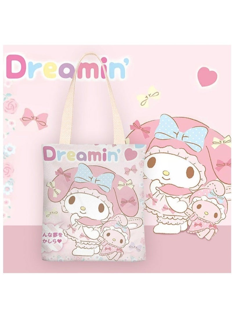 Dreamin Cartoon pattern pink canvas tote bag, student class bag tote bag, reusable beautiful eco-friendly bag, cute cotton tote bag for book groceries  - Image 1