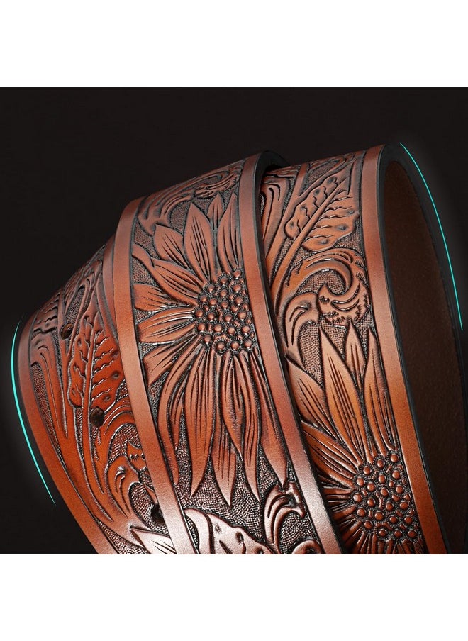 XZQTIVE - Men Women Cowboy Cowgirl Belt Strap Leather Western Belt Strap With Bullfloral Engraved For Jeans Pants 1.5'' Wide Sunflower Brown Fits Wasit Size 3034 Inches - Image 1