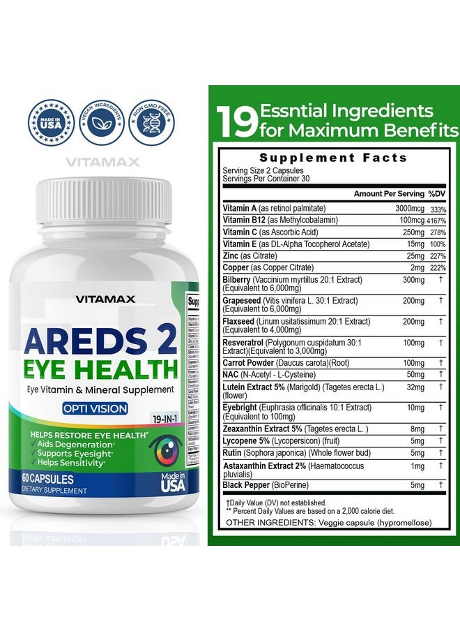 Vitamax - AREDS 2 Eye Vitamins - Lutein, Zeaxanthin, Bilberry, Astaxanthin Mineral Vision Supplement - Supports Eye Strain, Dry Eyes, Pressure, and Vision Health - Made in USA - 120ct - Image 1