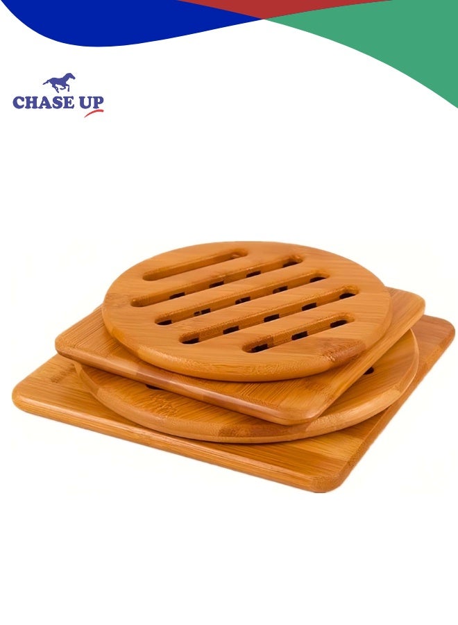 Chase Up Hot Pads Trivet,Table Solid Bamboo Wood Trivets for Hot Dishes and Pot with Non-Slip Pads Heat Resistant Pads Teapot Trivet 4pcs(Multi Size,2 Square 2 Round) - Image 1