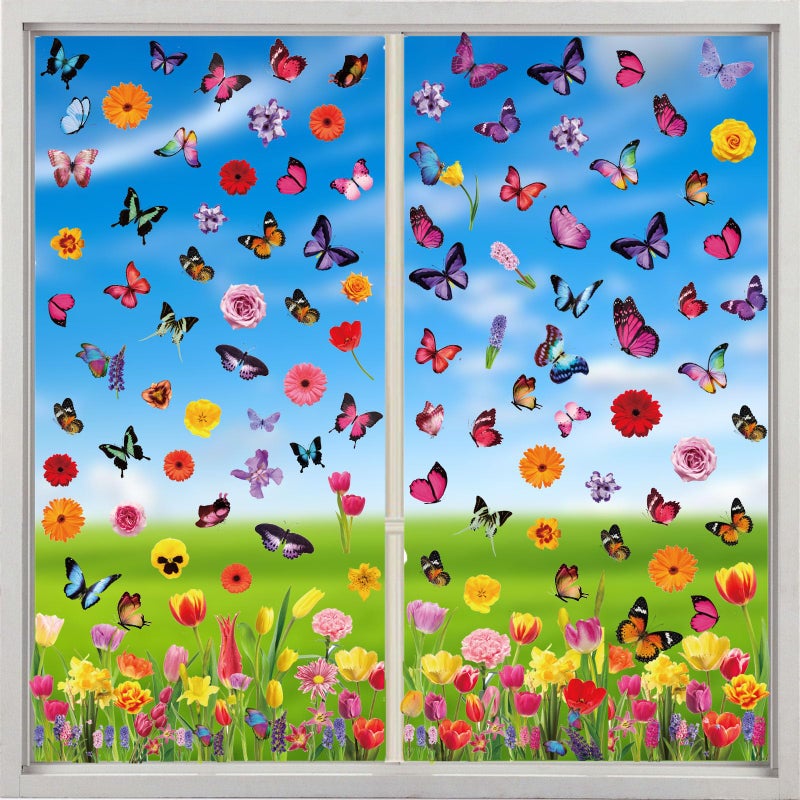 QNTCCX Spring Window Clings Stickers - Enchant Your Glass Windows with 127 Pieces on 9 Sheets - Tulip, Butterfly, and Flower Designs for a Colorful Home DÃ©cor - Image 4