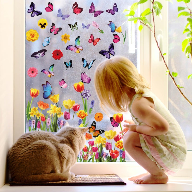 QNTCCX Spring Window Clings Stickers - Enchant Your Glass Windows with 127 Pieces on 9 Sheets - Tulip, Butterfly, and Flower Designs for a Colorful Home DÃ©cor - Image 5