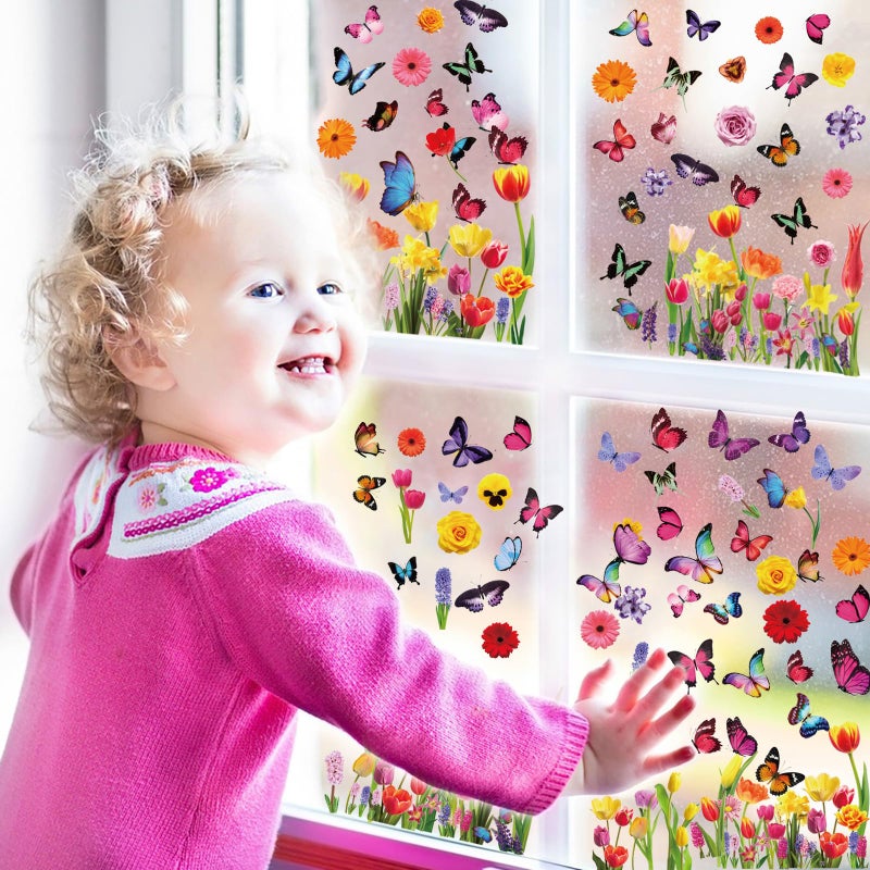 QNTCCX Spring Window Clings Stickers - Enchant Your Glass Windows with 127 Pieces on 9 Sheets - Tulip, Butterfly, and Flower Designs for a Colorful Home DÃ©cor - Image 2