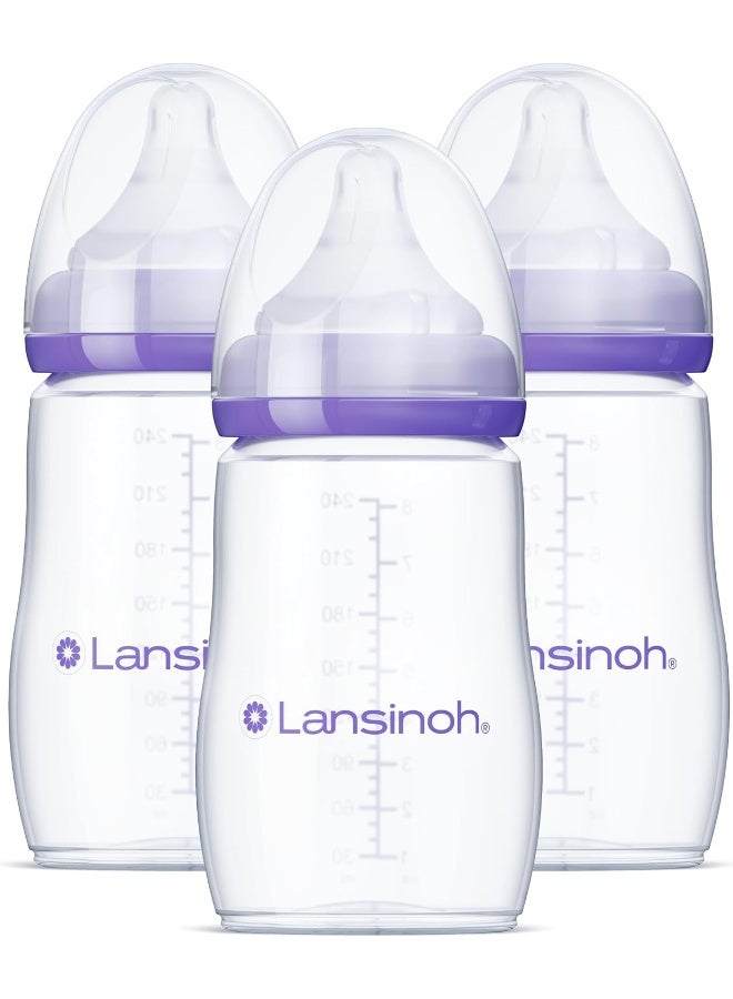 Lansinoh Anti-Colic Baby Bottles for Breastfeeding Babies, 8 Ounces, 3 Count, Includes 3 Medium Flow Nipples, Size M - Image 1