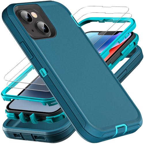 YKHJKLEC Military Grade 3 in 1 Heavy Duty Case for iPhone 1314 Shockproof Drop Proof Dust Proof With 2Pcs Tempered Glass Screen Protector BlueTurquoise - Image 1