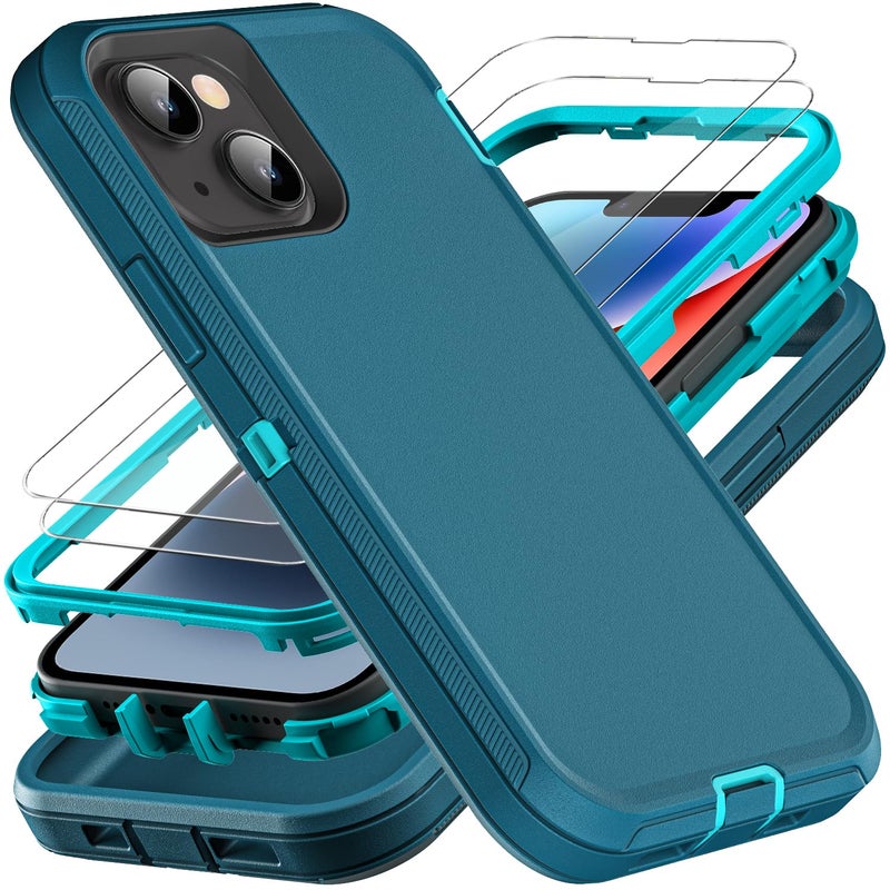 YKHJKLEC Military Grade 3 in 1 Heavy Duty Case for iPhone 1314 Shockproof Drop Proof Dust Proof With 2Pcs Tempered Glass Screen Protector BlueTurquoise - Image 3
