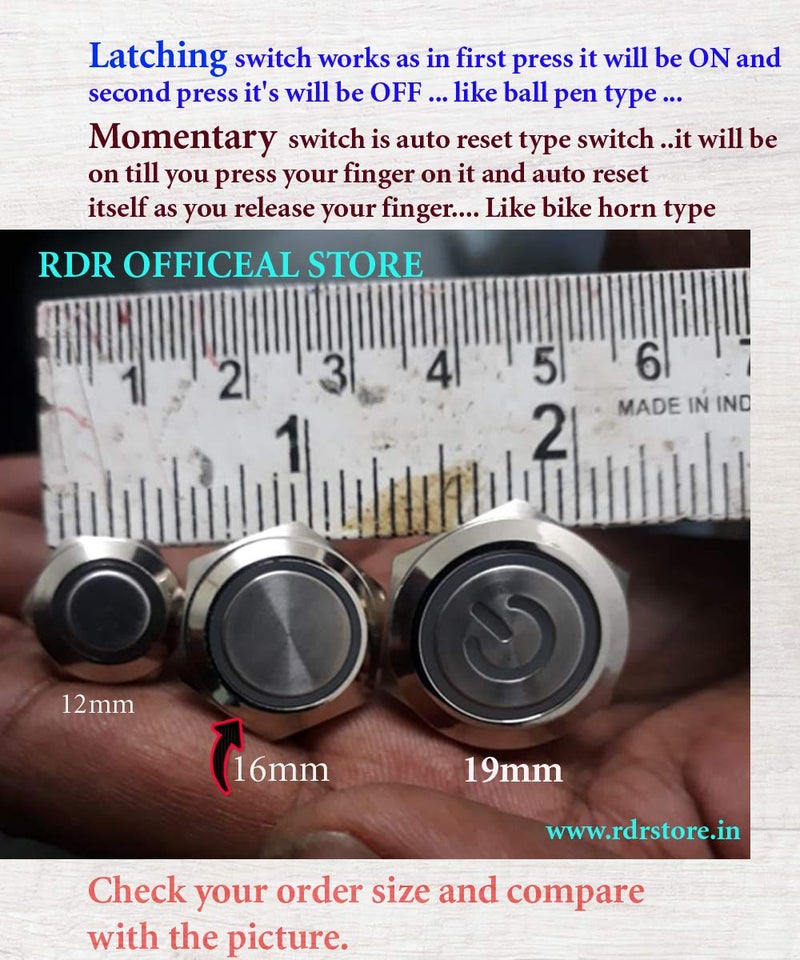 RDR STORE 16 mm Waterproof MOMENTARY Type Flat Round Stainless Steel Metal Push Button Switch LED Light (Blue) - Image 4