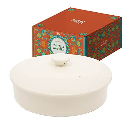 Chef Tacos Ceramic Tortilla Warmer, Microwavable, Tortilla Holder Container, Pancake Keeper, Best for Storage Tortilleros, with Lid (8-inch, Cream) - Image 1