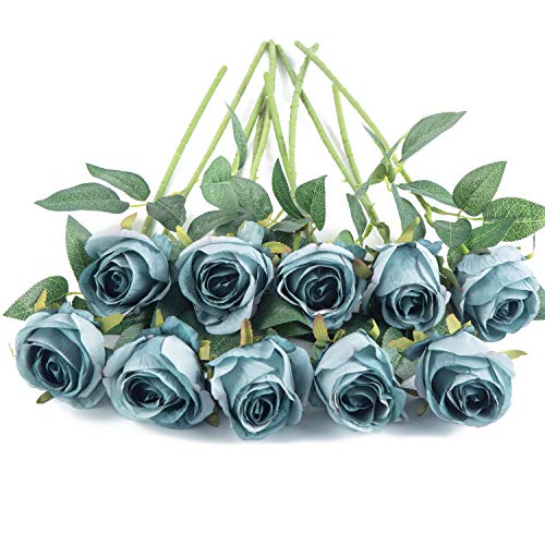 Flojery 10pcs Artificial Rose Flowers Long Stem Fake Silk Roses for DIY Wedding Bouquet Table Centerpiece Home Decor (Blue) - Image 3