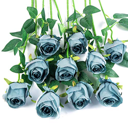 Flojery 10pcs Artificial Rose Flowers Long Stem Fake Silk Roses for DIY Wedding Bouquet Table Centerpiece Home Decor (Blue) - Image 1