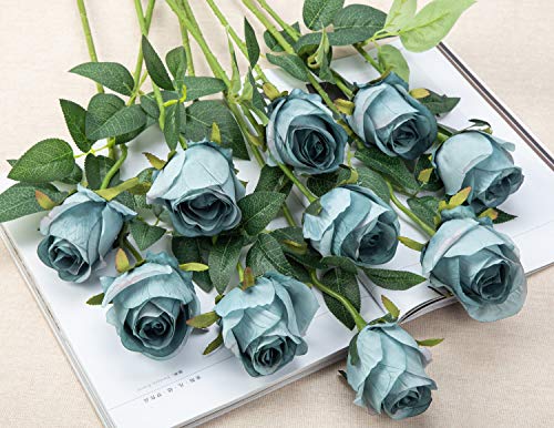 Flojery 10pcs Artificial Rose Flowers Long Stem Fake Silk Roses for DIY Wedding Bouquet Table Centerpiece Home Decor (Blue) - Image 4