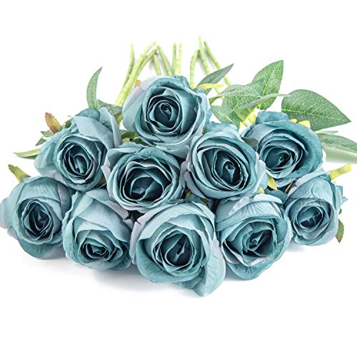 Flojery 10pcs Artificial Rose Flowers Long Stem Fake Silk Roses for DIY Wedding Bouquet Table Centerpiece Home Decor (Blue) - Image 2