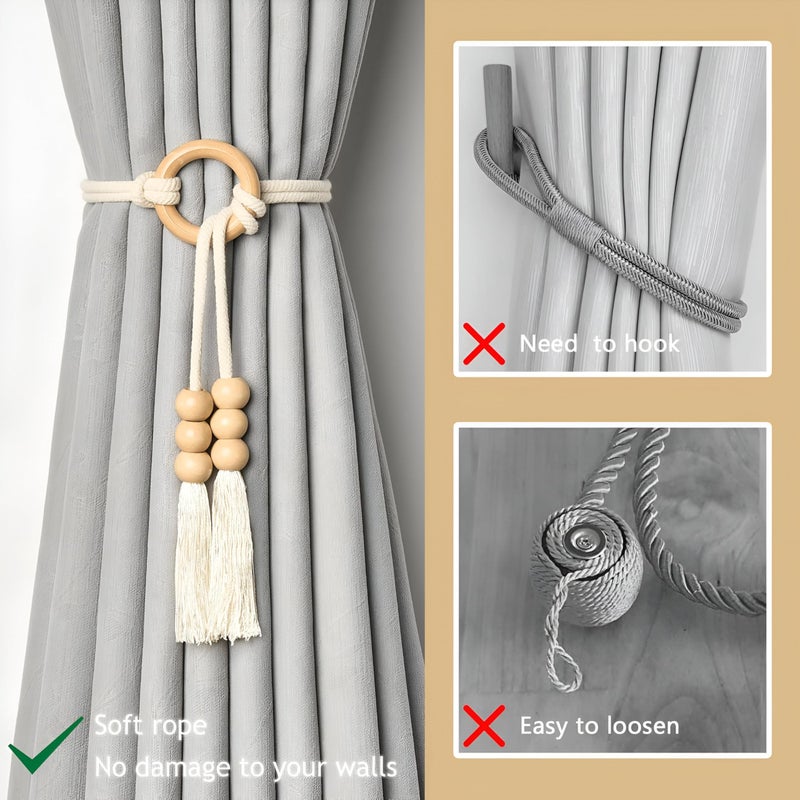 Cotton Rope Holders - Elegant handmade drapery tiebacks crafted from natural woven fibers, featuring wooden rings to secure curtains stylishly in living rooms, bedrooms, or offices. - Image 1