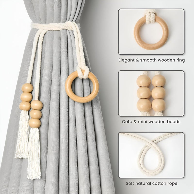 Cotton Rope Holders - Elegant handmade drapery tiebacks crafted from natural woven fibers, featuring wooden rings to secure curtains stylishly in living rooms, bedrooms, or offices. - Image 2