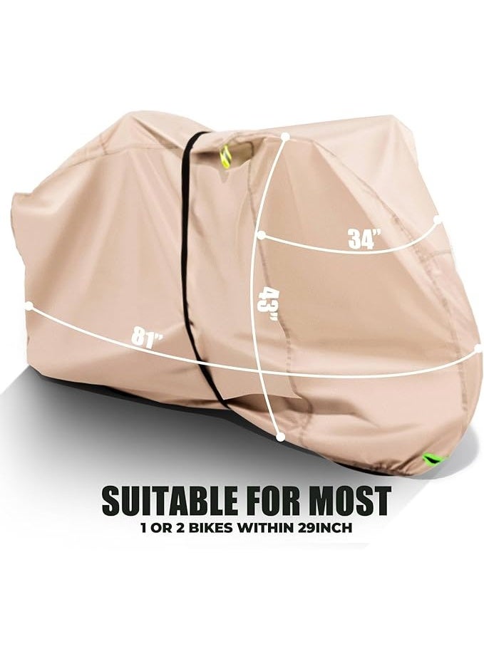 Bike Cover for 1 or 2 Bikes Outdoor Storage Waterproof Bicycle Cover for Transport on Rack, Rain Sun UV Dust Wind Proof with Wind-Secure Strap & Storage Bag, 420D Heavy Duty Bike Covers, Khaki - Image 1