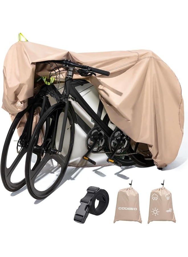 Bike Cover for 1 or 2 Bikes Outdoor Storage Waterproof Bicycle Cover for Transport on Rack, Rain Sun UV Dust Wind Proof with Wind-Secure Strap & Storage Bag, 420D Heavy Duty Bike Covers, Khaki - Image 3