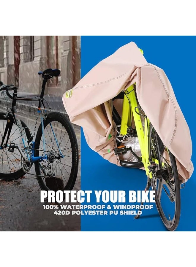 Bike Cover for 1 or 2 Bikes Outdoor Storage Waterproof Bicycle Cover for Transport on Rack, Rain Sun UV Dust Wind Proof with Wind-Secure Strap & Storage Bag, 420D Heavy Duty Bike Covers, Khaki - Image 5