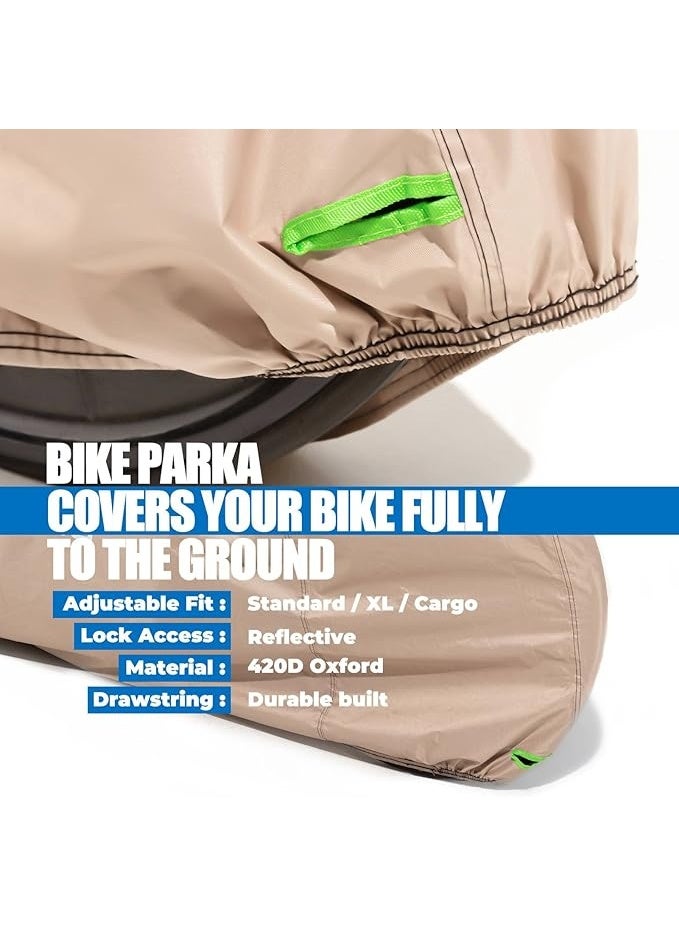 Bike Cover for 1 or 2 Bikes Outdoor Storage Waterproof Bicycle Cover for Transport on Rack, Rain Sun UV Dust Wind Proof with Wind-Secure Strap & Storage Bag, 420D Heavy Duty Bike Covers, Khaki - Image 2