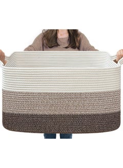 Goodpick Large Basket, 21.6" X 14.9" X 11.8", Woven Storage Basket For Bedroom, Large Blanket Basket For Living Room, Toy Baskets For Organizing, Rectangle Rope Baskets For Storage, White Brown  - Image 1