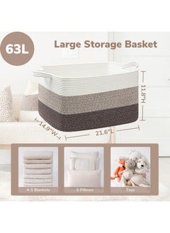 Goodpick Large Basket, 21.6" X 14.9" X 11.8", Woven Storage Basket For Bedroom, Large Blanket Basket For Living Room, Toy Baskets For Organizing, Rectangle Rope Baskets For Storage, White Brown  - Image 3