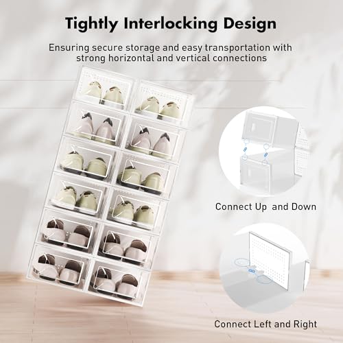 Foluck Shoe Storage Box, 15 Pack Clear Plastic Stackable Shoe Organizer for Closet, Interlocking Design Shoe Container Bins for Sneakers, Foldable Shoe Rack with Lids, White - Image 3