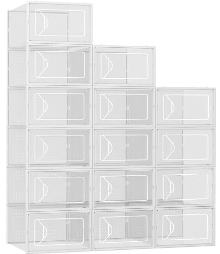 Foluck Shoe Storage Box, 15 Pack Clear Plastic Stackable Shoe Organizer for Closet, Interlocking Design Shoe Container Bins for Sneakers, Foldable Shoe Rack with Lids, White - Image 1
