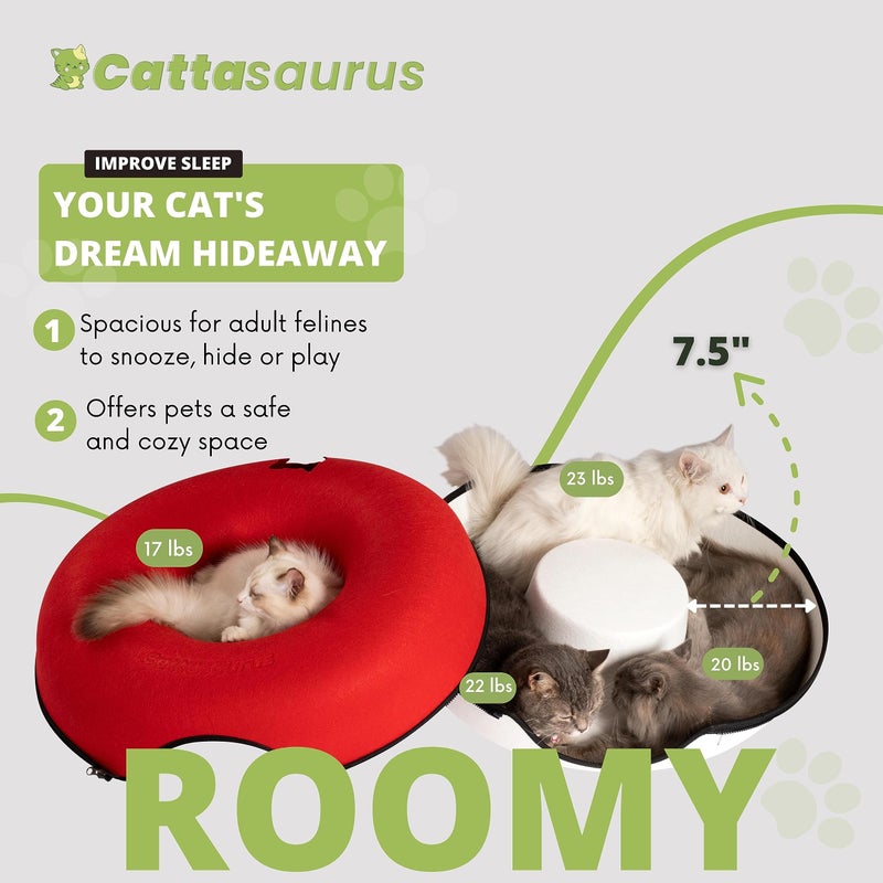 Cattasaurus Peekaboo Cat Cave Donut for Multiple & Large Cats up to 30-45 lbs, 3-in-1 Self Warming Cat Bed, Tunnel & Scratcher for Indoor Cats, Washable & Detachable Dog Bed (Ruby Snowball, Large) - Image 5