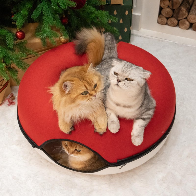 Cattasaurus Peekaboo Cat Cave Donut for Multiple & Large Cats up to 30-45 lbs, 3-in-1 Self Warming Cat Bed, Tunnel & Scratcher for Indoor Cats, Washable & Detachable Dog Bed (Ruby Snowball, Large) - Image 3